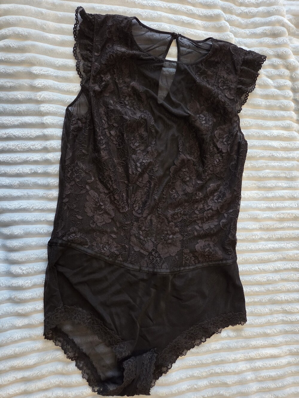 H&M Black Floral Lace Sheer Bodysuit with Cap Sleeves